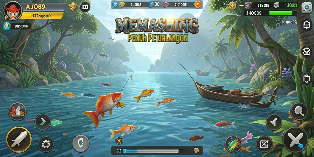 Screenshot utama AJO89 menampilkan gameplay memancing yang seru.