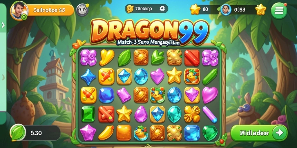 Tampilan menarik dari gameplay Match-3 DRAGON99 yang penuh warna.