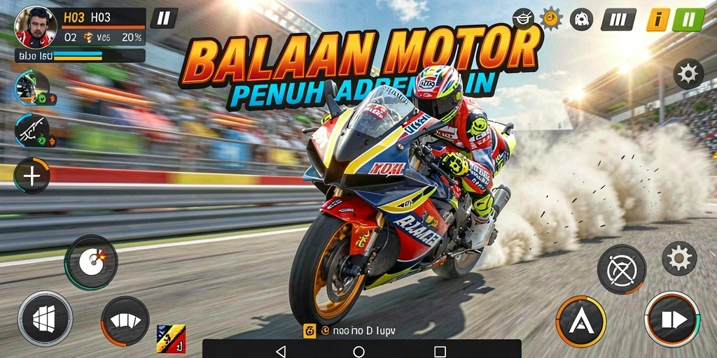 Tampilan dinamis dari gameplay balapan motor yang intens.