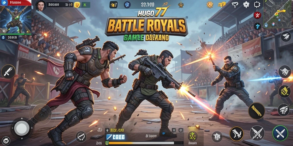 Tampilan pertarungan epik dalam game HUGO77 Battle Royale.