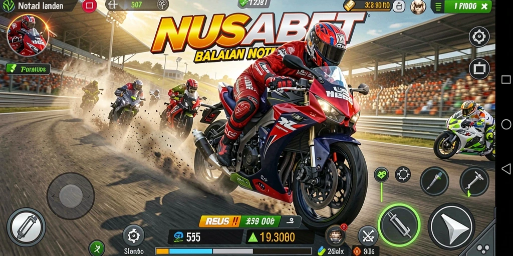 Tampilan gameplay <strong>NUSABET</strong> yang menegangkan dan penuh aksi balapan motor.