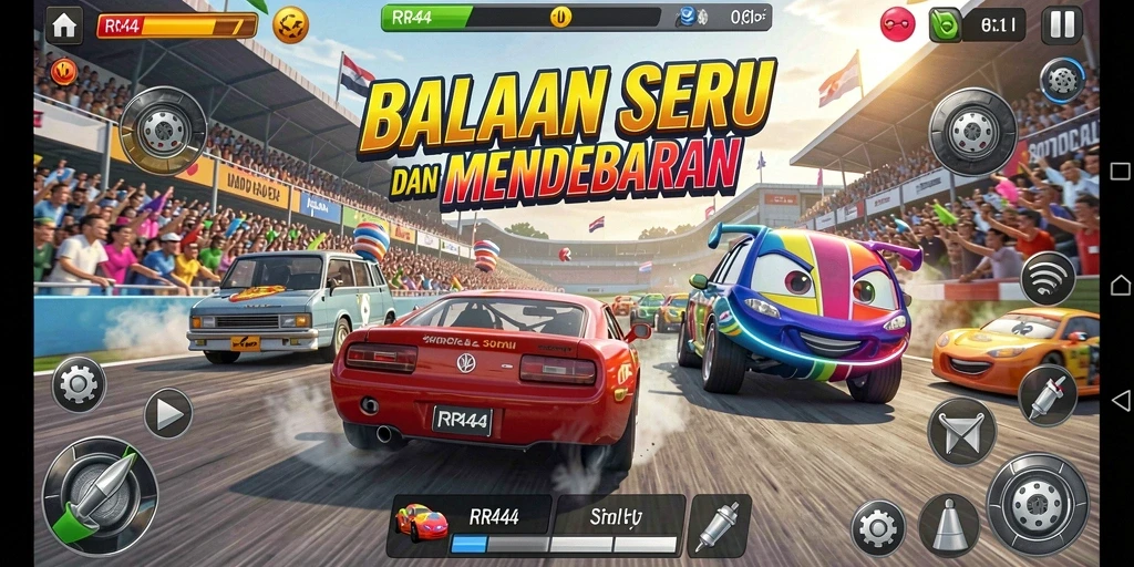 Gameplay seru RR44 dengan mobil balap yang mendebarkan.