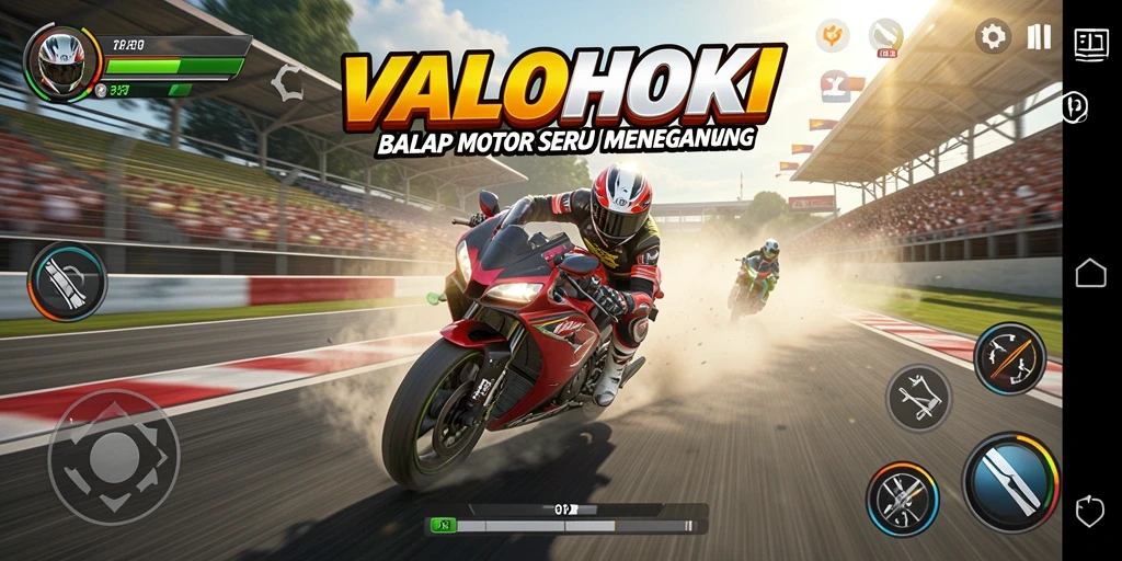 Tampilan seru gameplay VALOHOKI dengan aksi balap motor yang mendebarkan.